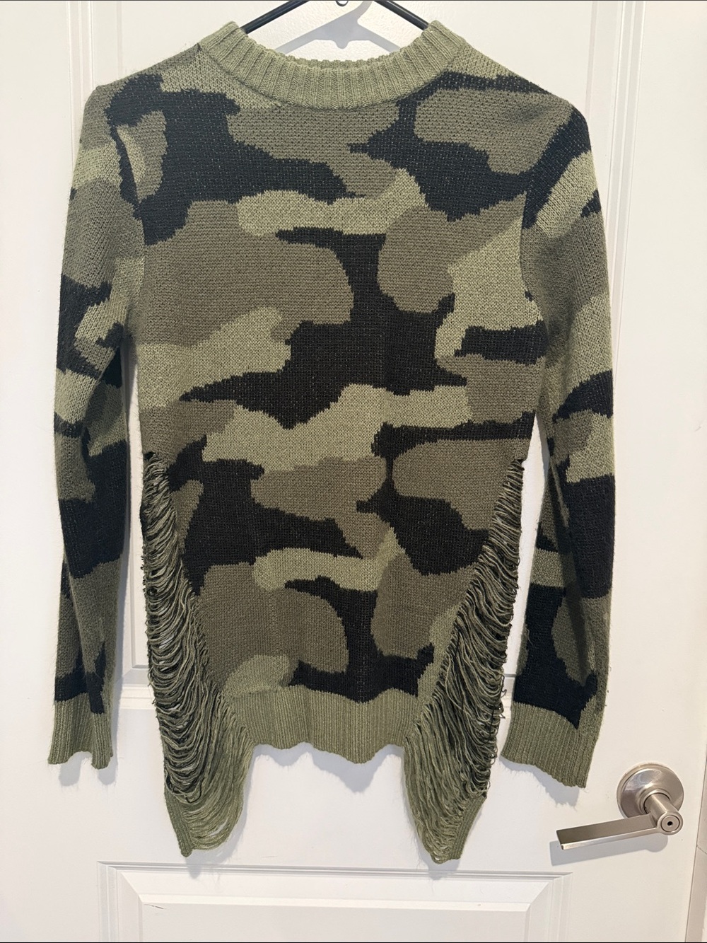 Olive Camo Fringe Knit Sweater - Women